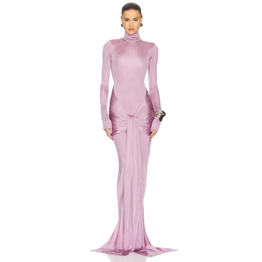 Helsa Slinky Jersey Ruched Sarong Maxi Dress Turtleneck Long purple Sz L $398 - Picture 3 of 12